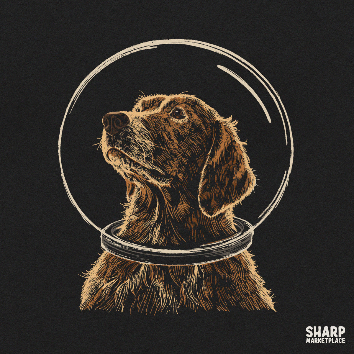 Golden Retriever astronaut floating in outer space with stars, funny retro dog mom PNG graphic for t-shirts and sublimation