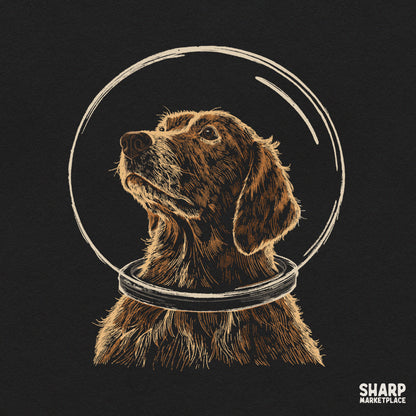Golden Retriever astronaut floating in outer space with stars, funny retro dog mom PNG graphic for t-shirts and sublimation