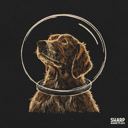 Golden Retriever astronaut floating in outer space with stars, funny retro dog mom PNG graphic for t-shirts and sublimation