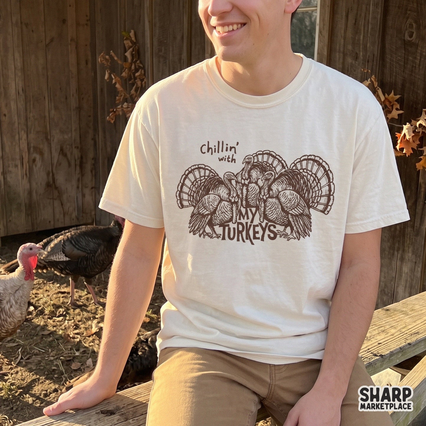 Retro Chillin With My Turkeys PNG design for funny Thanksgiving group shirts and fall themed apparel sublimation projects