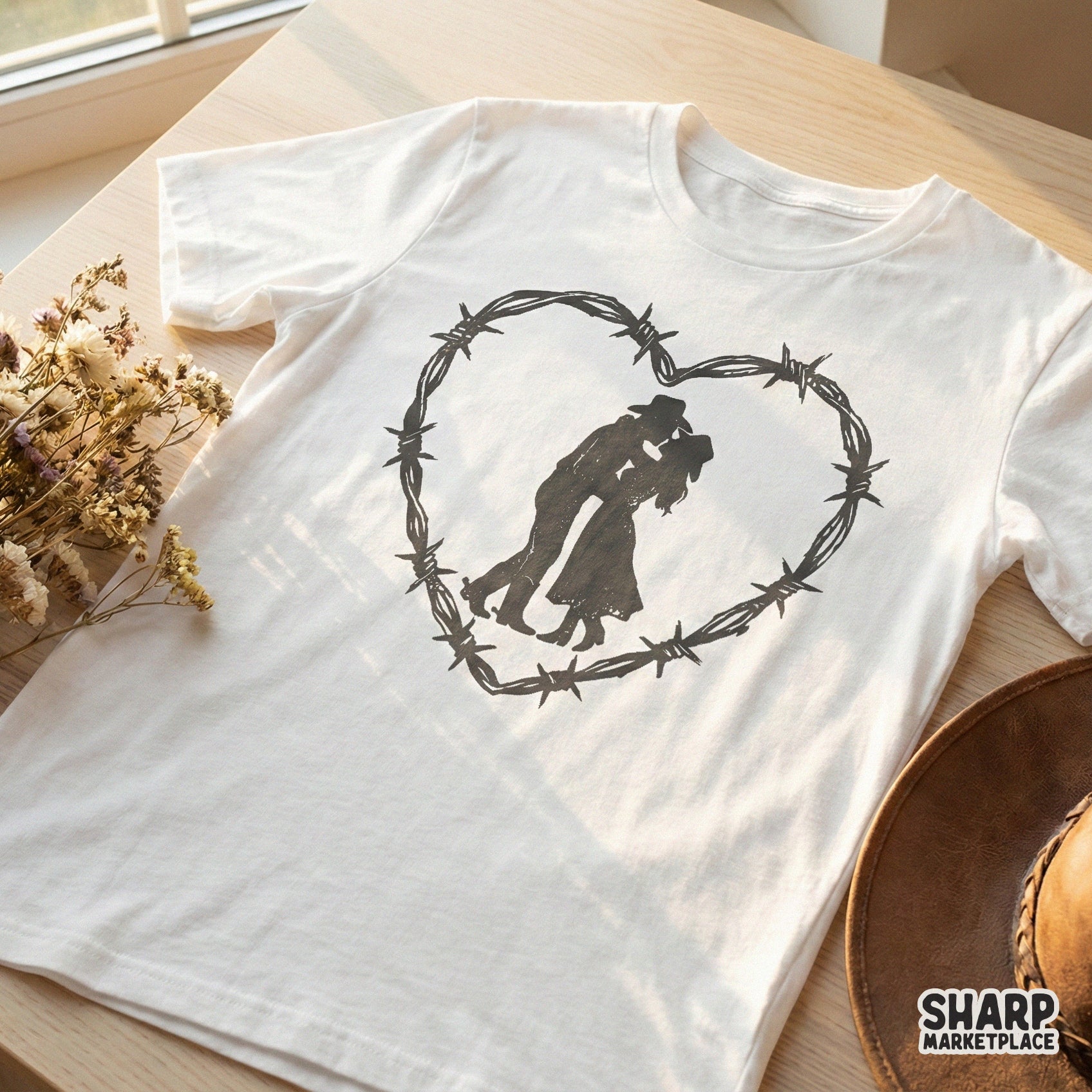 Cowboy Couple Barbed Wire Heart PNG, Western Romance Print - 300 DPI