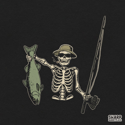 Cool skeleton in a bucket hat holding a fish and fishing rod for funny summer fishing sublimation designs