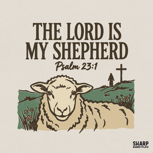 Vintage style Christian design featuring a gentle sheep in a pastoral field with the text The Lord Is My Shepherd and Psalm 23:1 in dark brown.