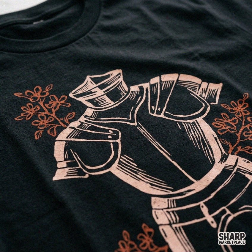 Gothic knight helmet and plate armor with rust flowers sublimation PNG for dark fantasy shirts and apparel