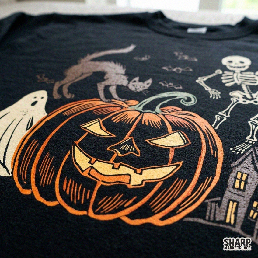Spooky Halloween haunted house scene with black cat, ghost, and skeleton cute PNG design for shirts
