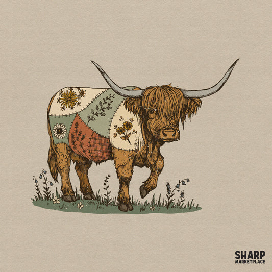Hand-drawn highland cow illustration with a rustic patchwork blanket and earthy floral motifs, perfect for western-themed sublimation designs.