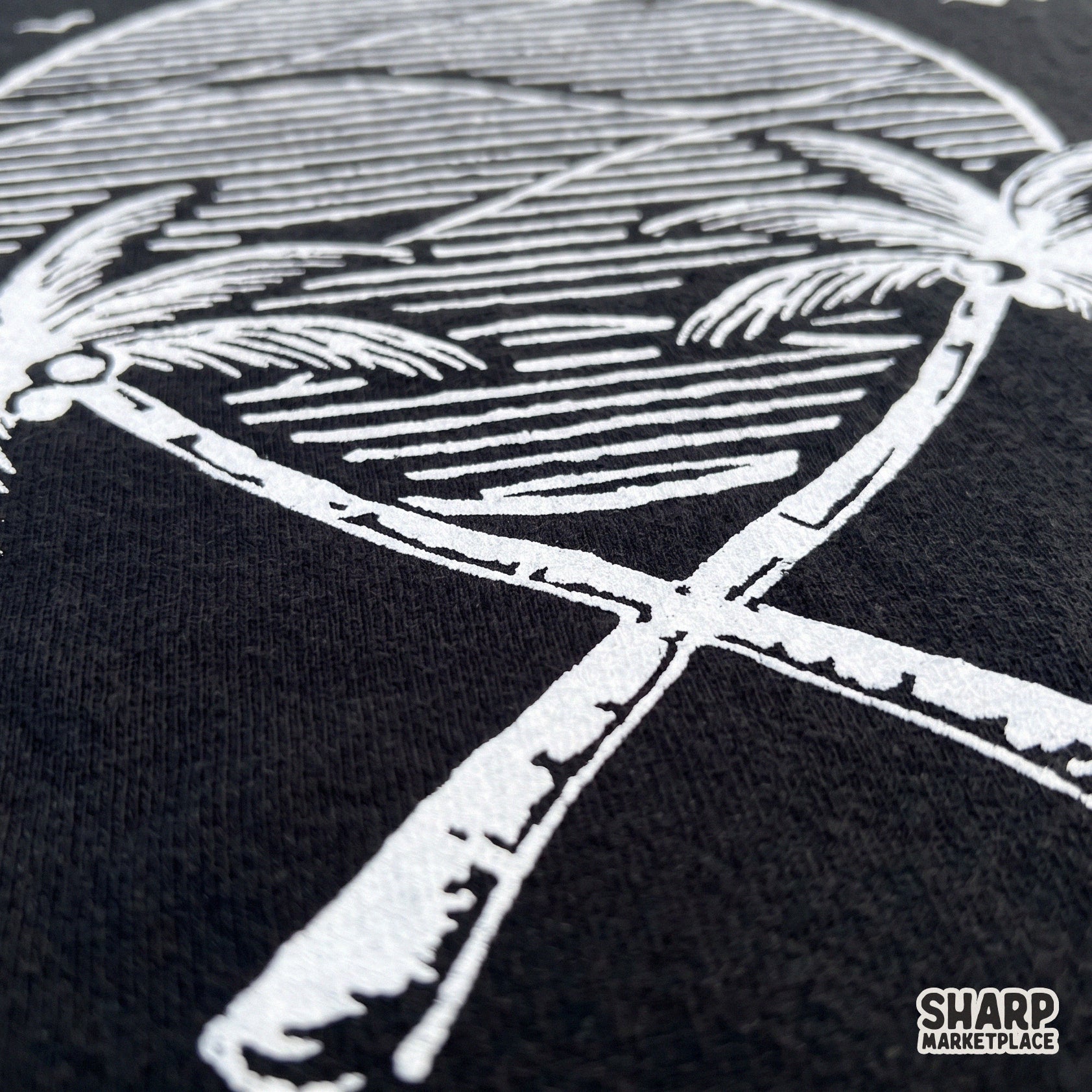 Monochrome sunset circle with crossed tropical trees summer png for trendy surf aesthetic shirts and beach apparel