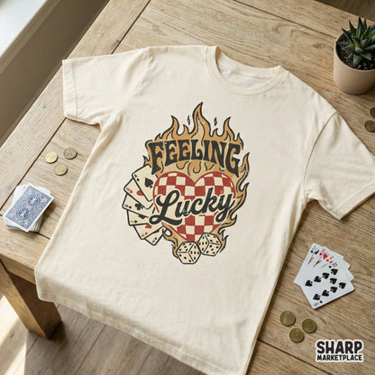 Distressed vintage style Feeling Lucky graphic with a flaming checkered heart, royal flush cards, and dice for t-shirt printing.
