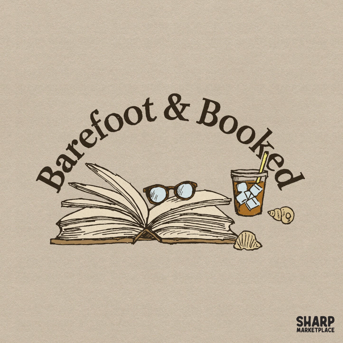 Barefoot and Booked summer PNG design with beach coffee and book themes for reader apparel and cozy library stickers