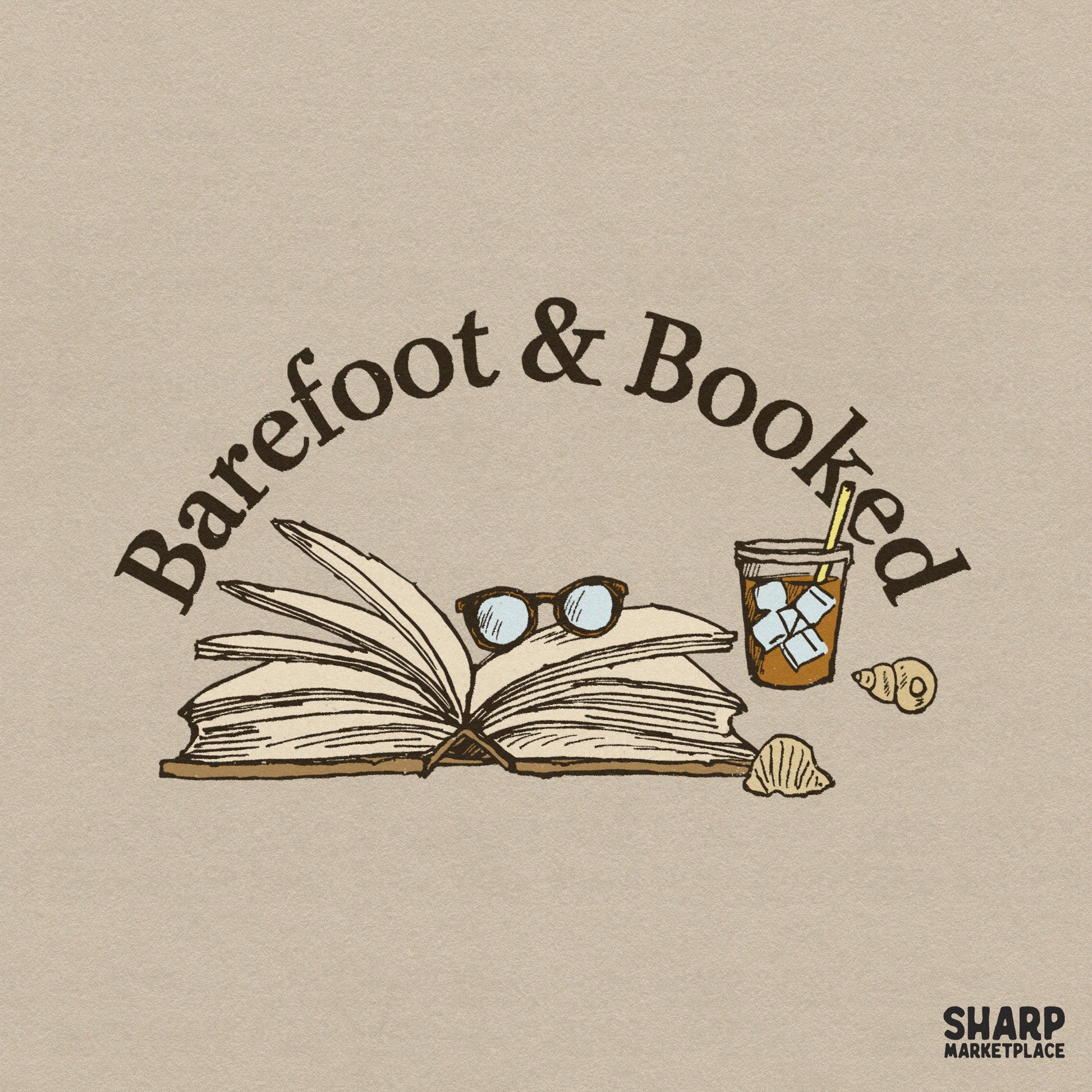 Barefoot and Booked summer PNG design with beach coffee and book themes for reader apparel and cozy library stickers