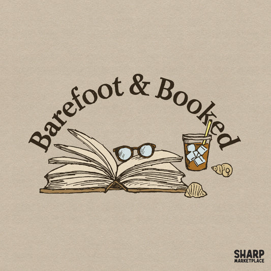 Barefoot and Booked summer PNG design with beach coffee and book themes for reader apparel and cozy library stickers