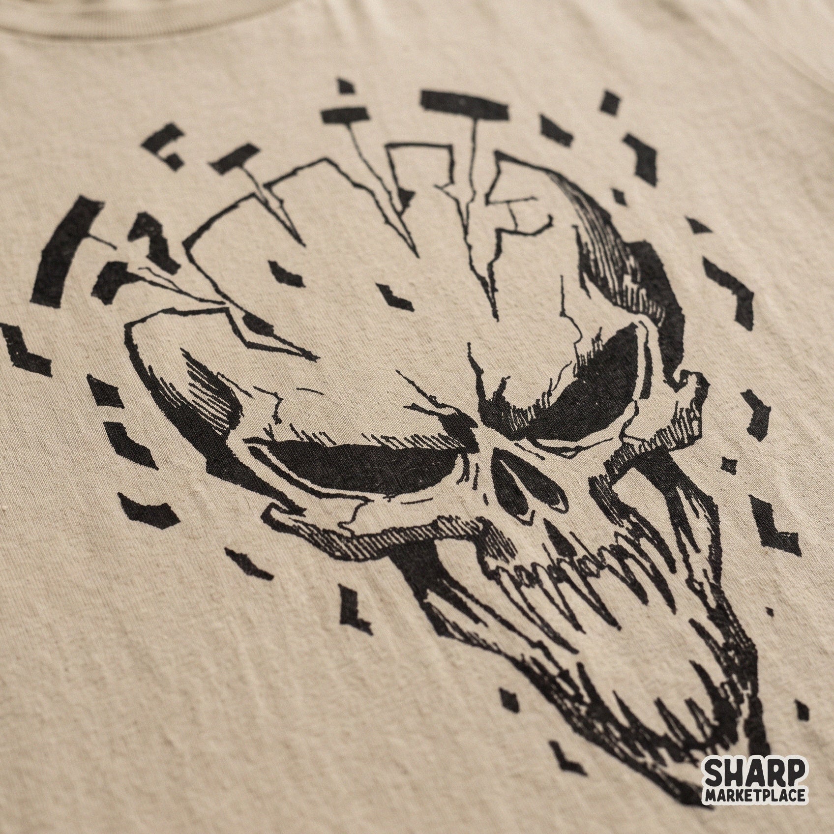 Shattered edgy skull head in a dark grunge aesthetic style for Halloween PNG shirts and spooky retro tattoo designs
