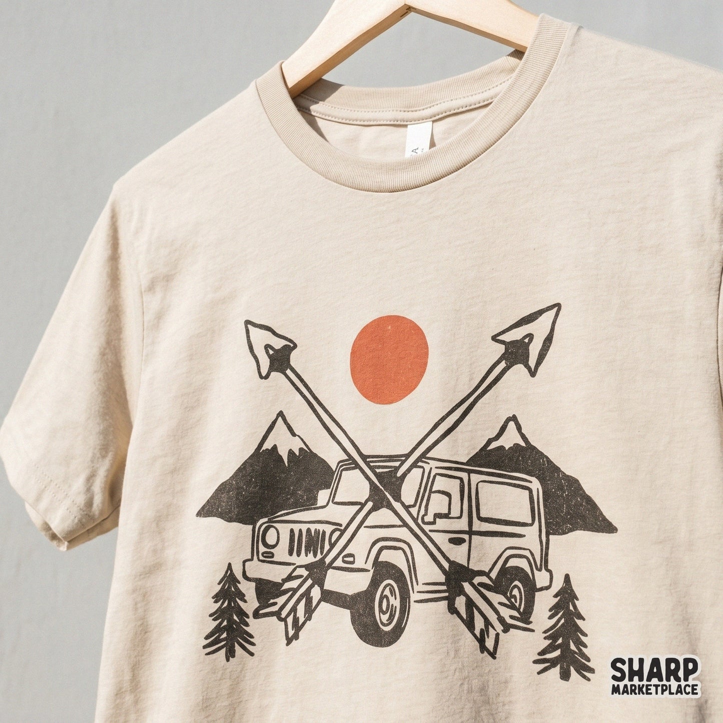 Distressed outdoor adventure art featuring a rugged vehicle and mountain scenery, suitable for DIY t-shirt printing, posters, and nature-inspired crafts.