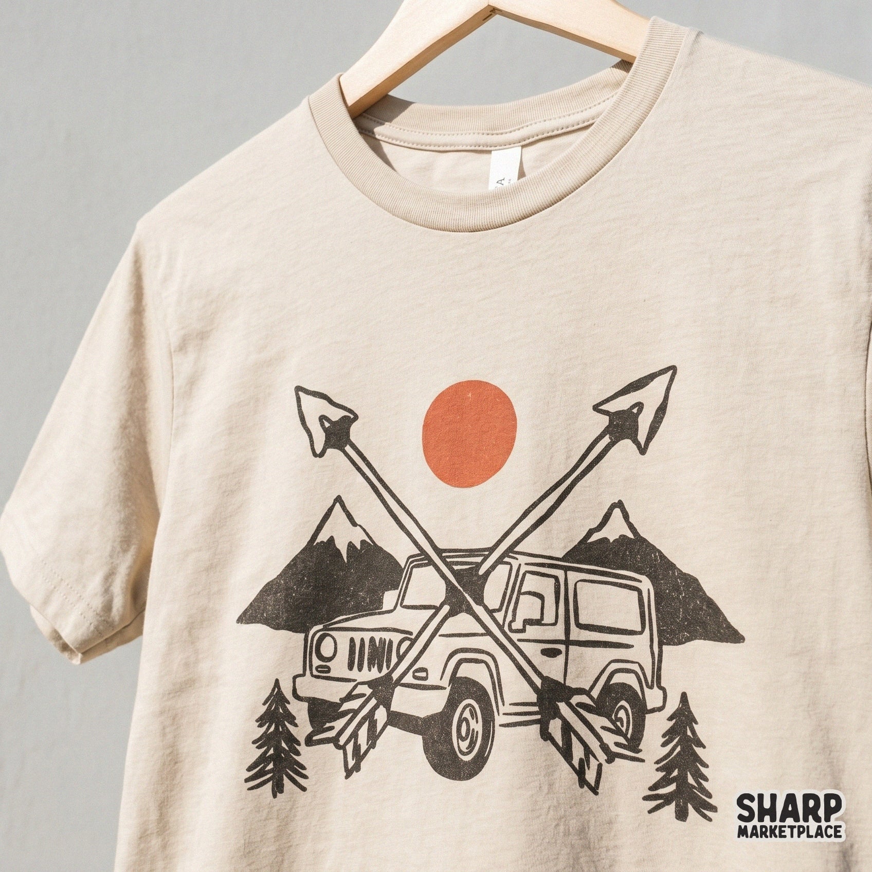 Distressed outdoor adventure art featuring a rugged vehicle and mountain scenery, suitable for DIY t-shirt printing, posters, and nature-inspired crafts.