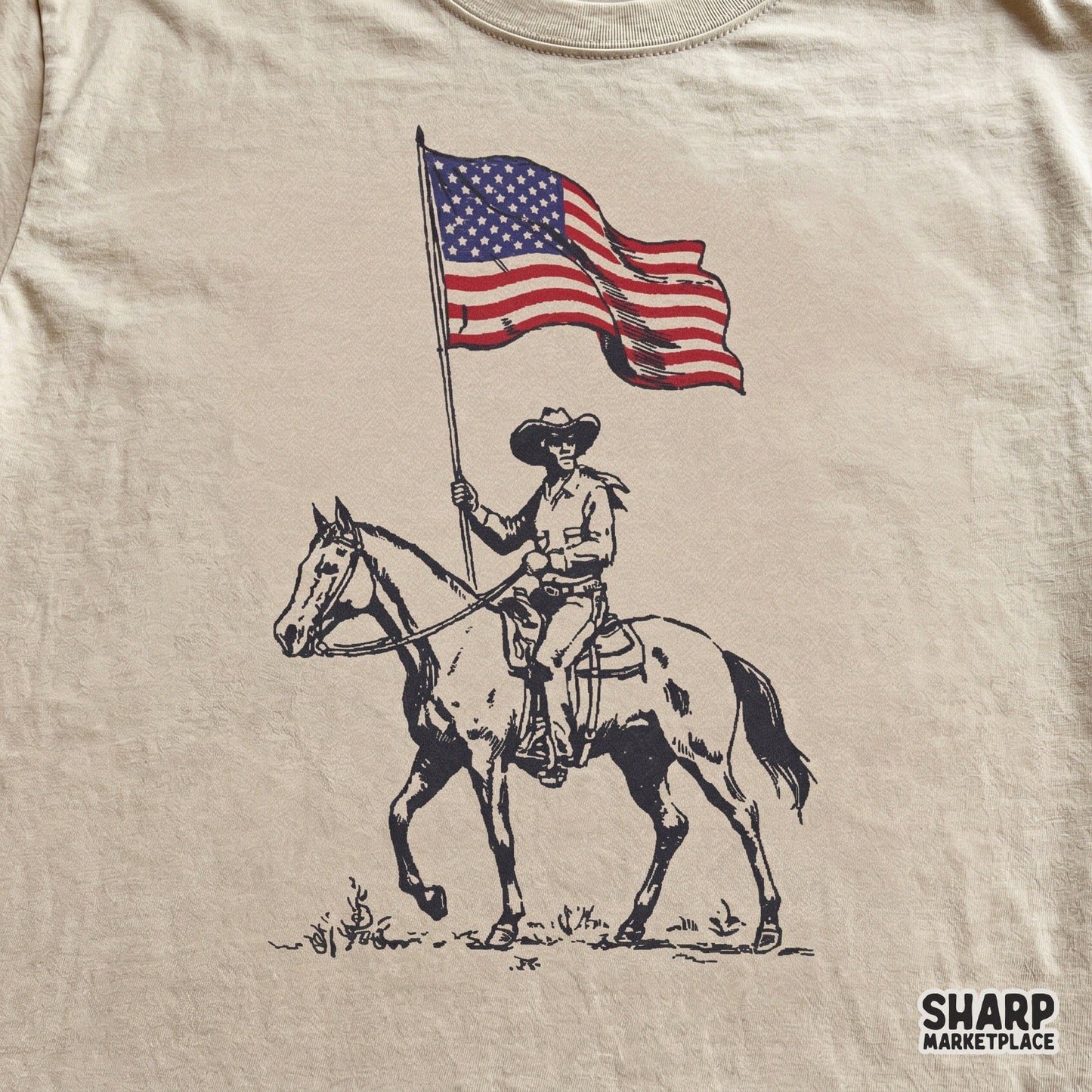 Vintage cowboy on horse holding American flag patriotic Western sublimation design text