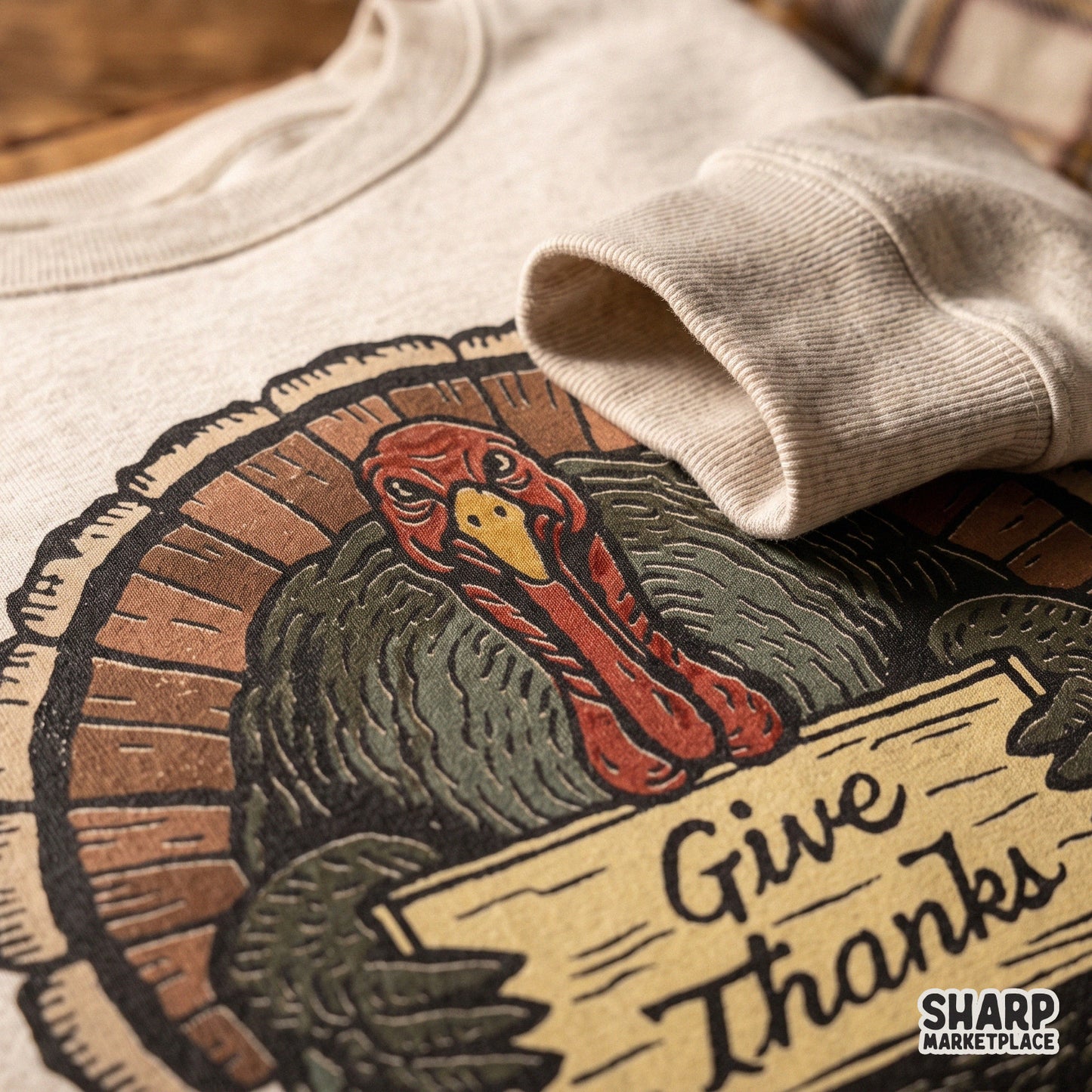 Funny retro turkey holding a give thanks sign for autumn sublimation and Thanksgiving shirts