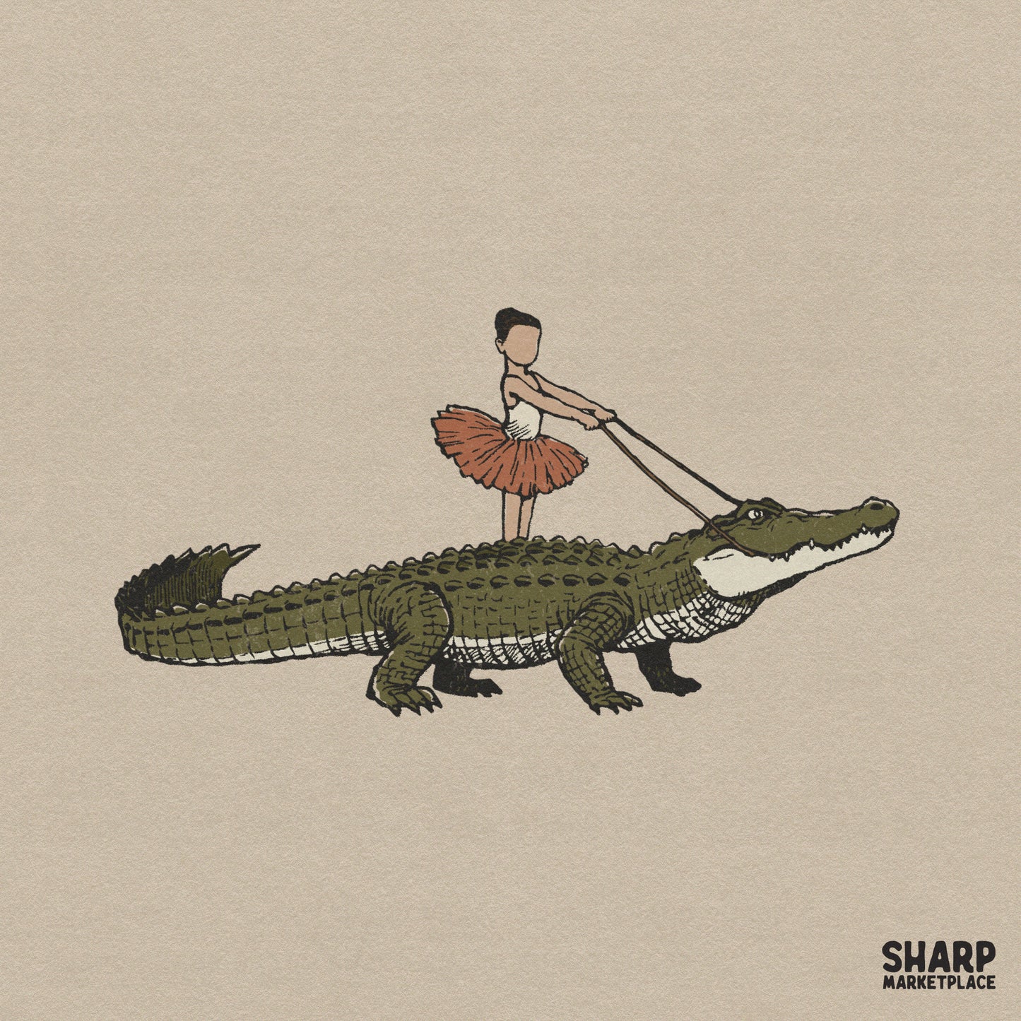 Surreal weirdcore PNG of a tiny ballerina riding a giant alligator for funny trendy sublimation shirts and creepy cute art
