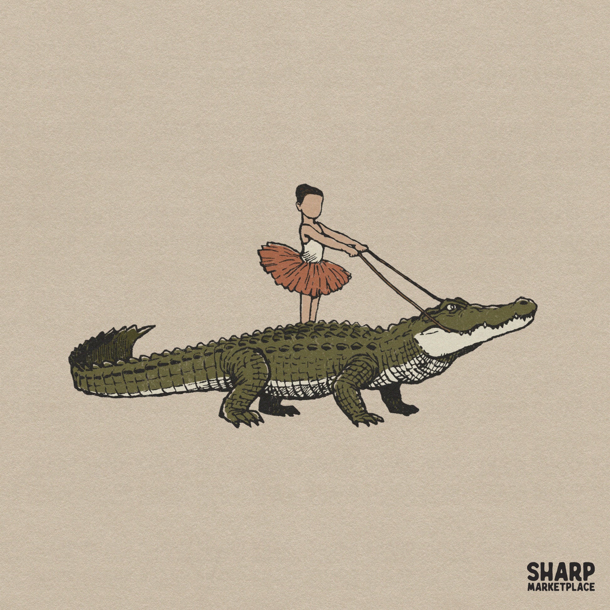 Surreal weirdcore PNG of a tiny ballerina riding a giant alligator for funny trendy sublimation shirts and creepy cute art