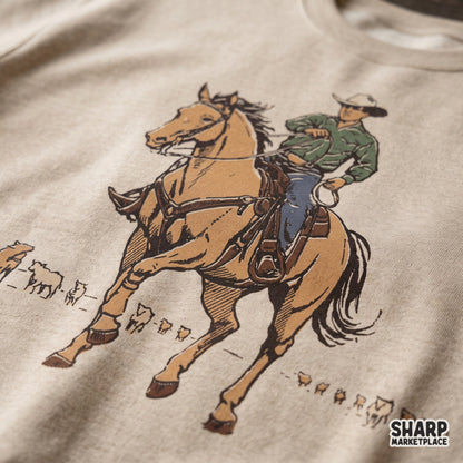 Hand drawn vintage cowboy riding a horse western png design for rodeo shirts and sublimation apparel