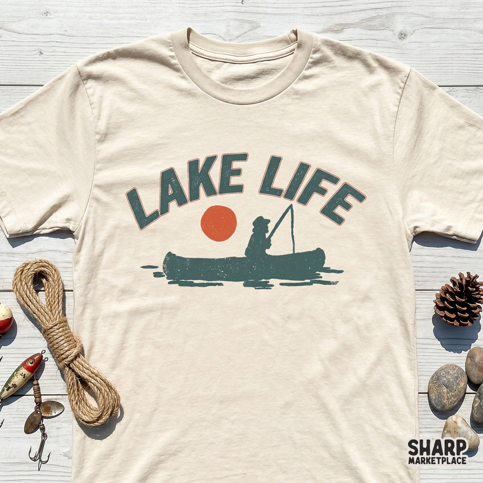 Distressed forest green and burnt orange Lake Life fishing design, perfect for summer t-shirt sublimation, stickers, or rustic cabin decor projects.