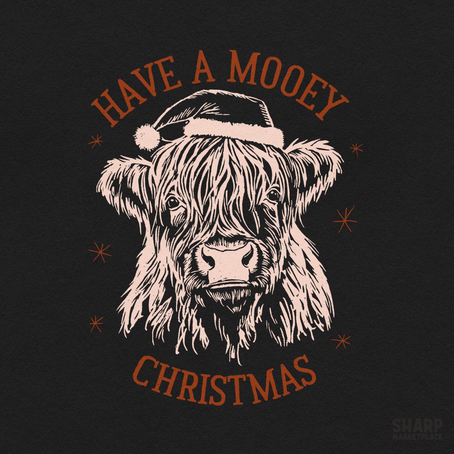 Retro Christmas Highland cow wearing a Santa hat digital PNG sublimation design for holiday shirts