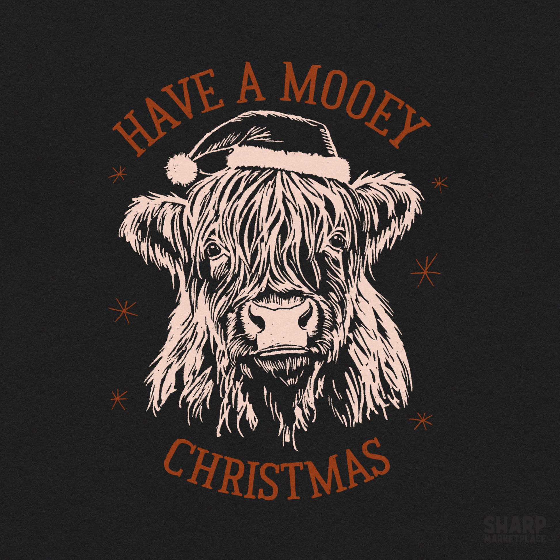 Retro Christmas Highland cow wearing a Santa hat digital PNG sublimation design for holiday shirts