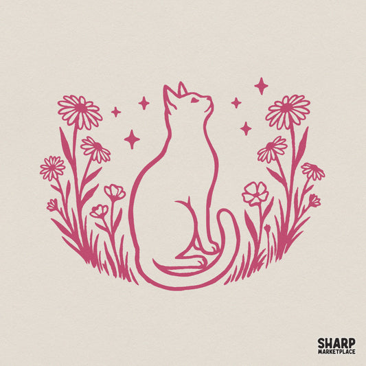 Whimsical magenta line art of a sitting cat surrounded by wildflowers and stars, perfect for boho apparel or sublimation projects.