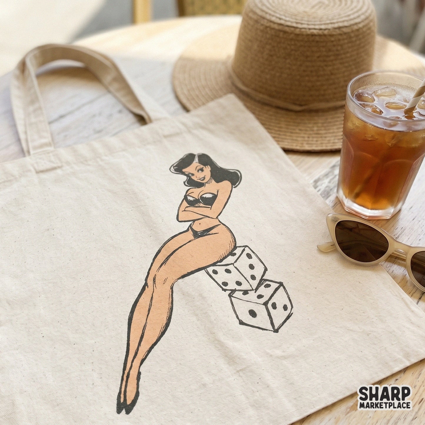 Vintage glamour retro pinup girl sitting on dice for trendy Valentine PNG shirts and casino themed apparel designs