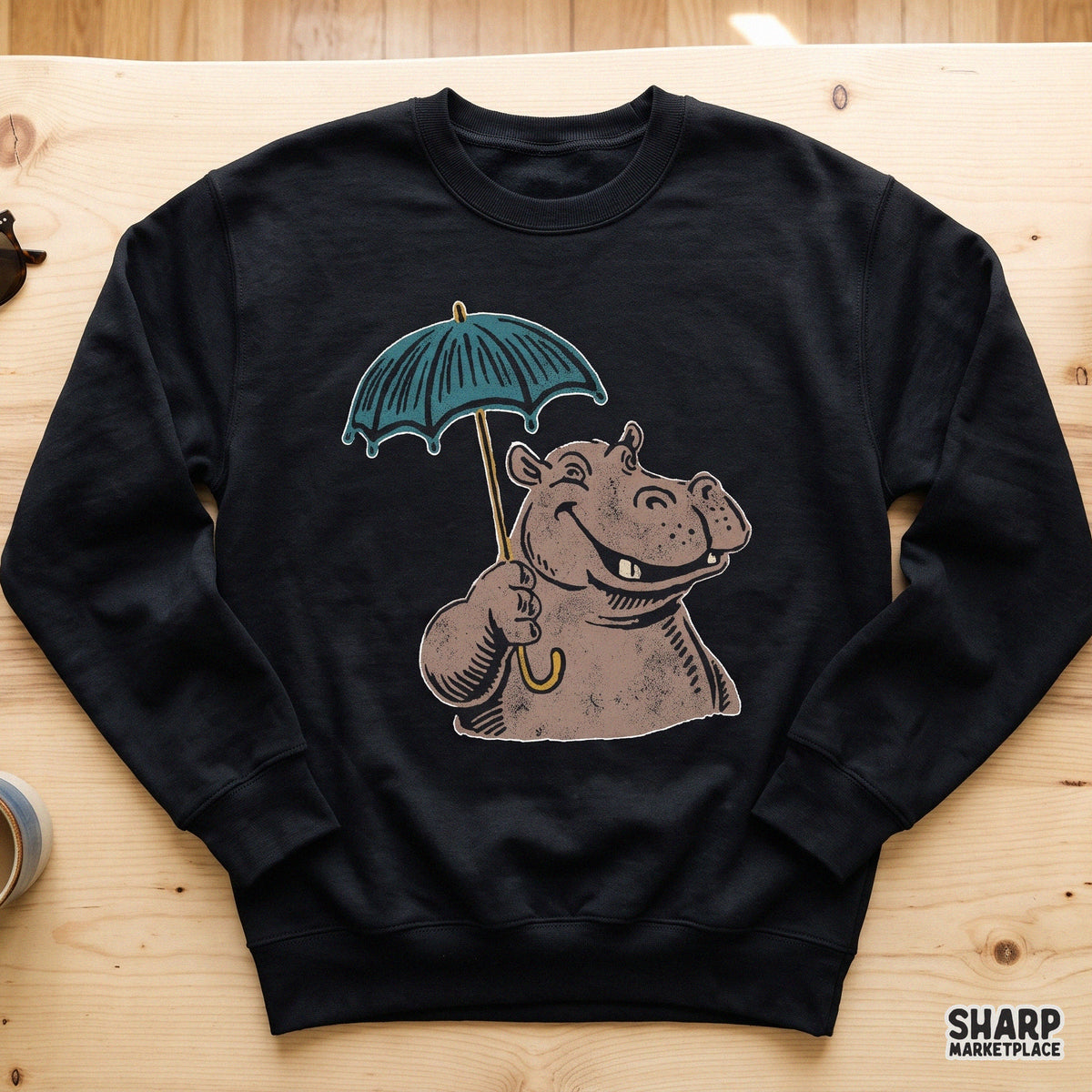 Smiling hippo holding a teal umbrella in a trendy retro illustration perfect for animal lover t-shirts and stickers