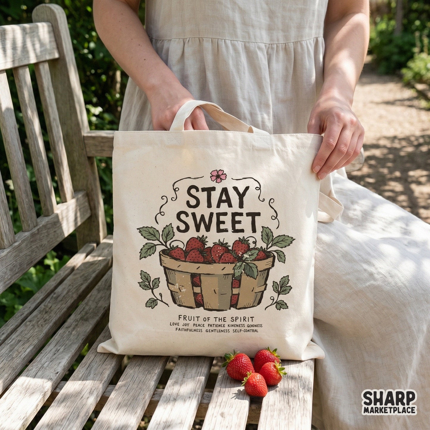 Hand-drawn strawberry basket design with the text Stay Sweet and spiritual virtues, ideal for spring-themed Christian t-shirts and DIY crafts.