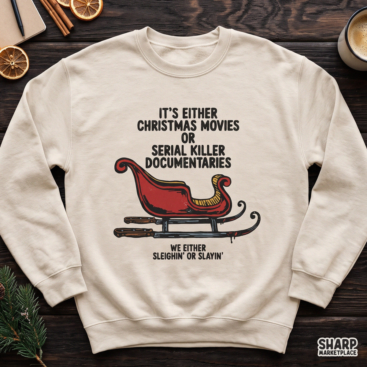 Sarcastic Christmas movies or serial killer documentaries true crime sublimation PNG design for holiday shirts