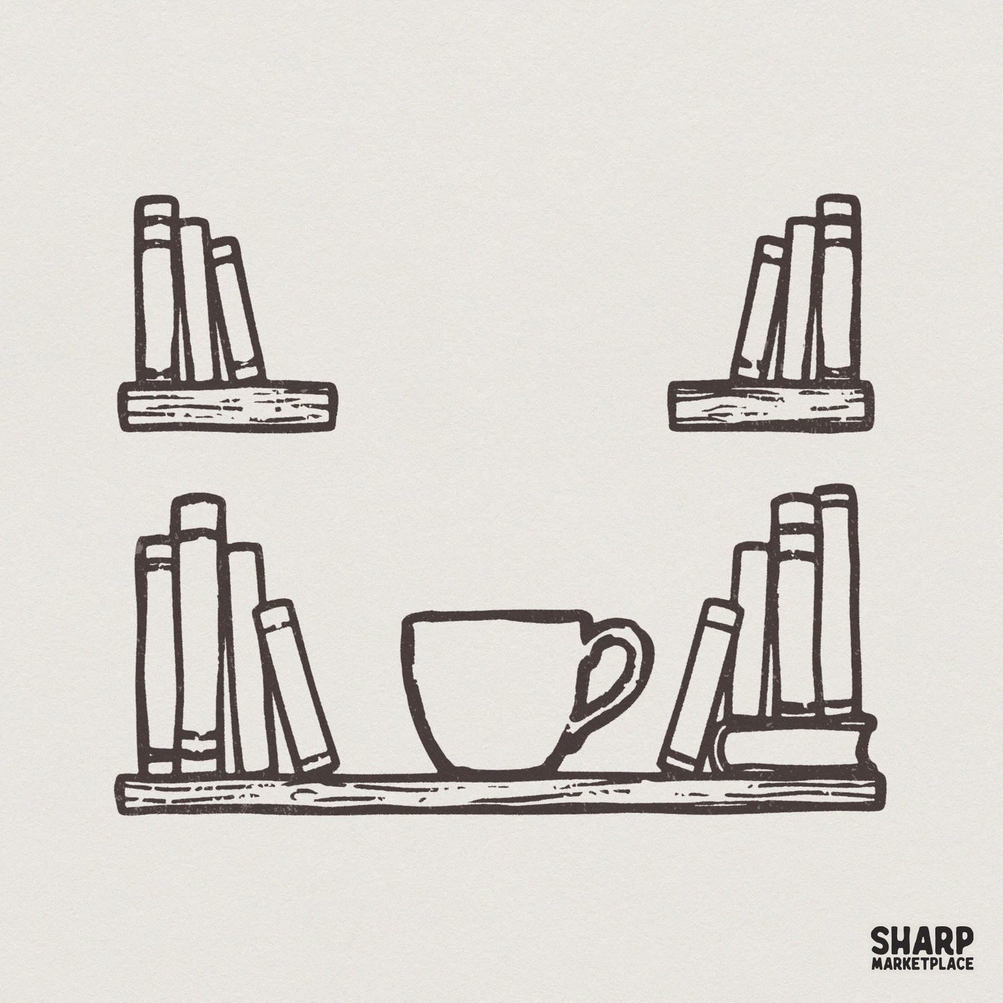 Hand-drawn ink sketch of a cozy bookshelf with a central coffee cup and stacks of books, perfect for bookish sublimation or apparel designs.