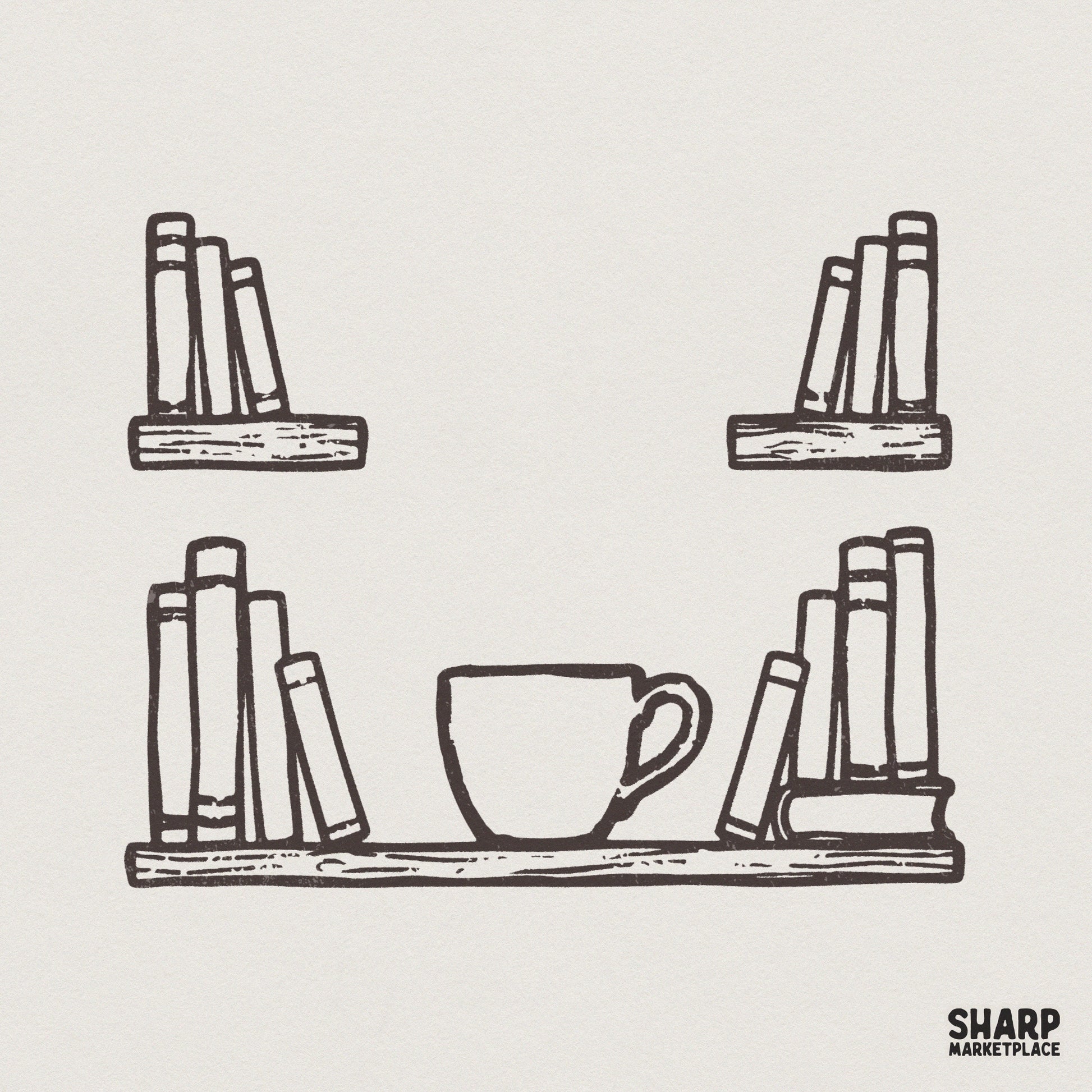 Hand-drawn ink sketch of a cozy bookshelf with a central coffee cup and stacks of books, perfect for bookish sublimation or apparel designs.