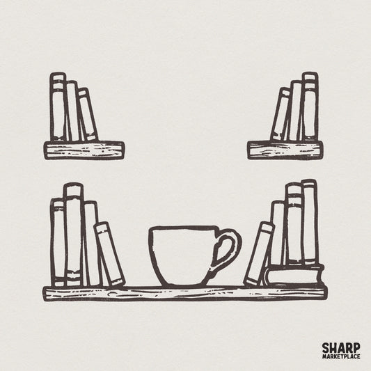 Hand-drawn ink sketch of a cozy bookshelf with a central coffee cup and stacks of books, perfect for bookish sublimation or apparel designs.