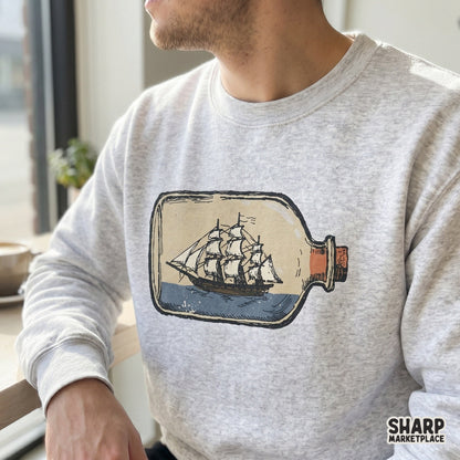 Rustic maritime illustration of a sailing ship captured in a bottle, suitable for ocean-themed wall art, DIY crafts, and vintage-style prints.