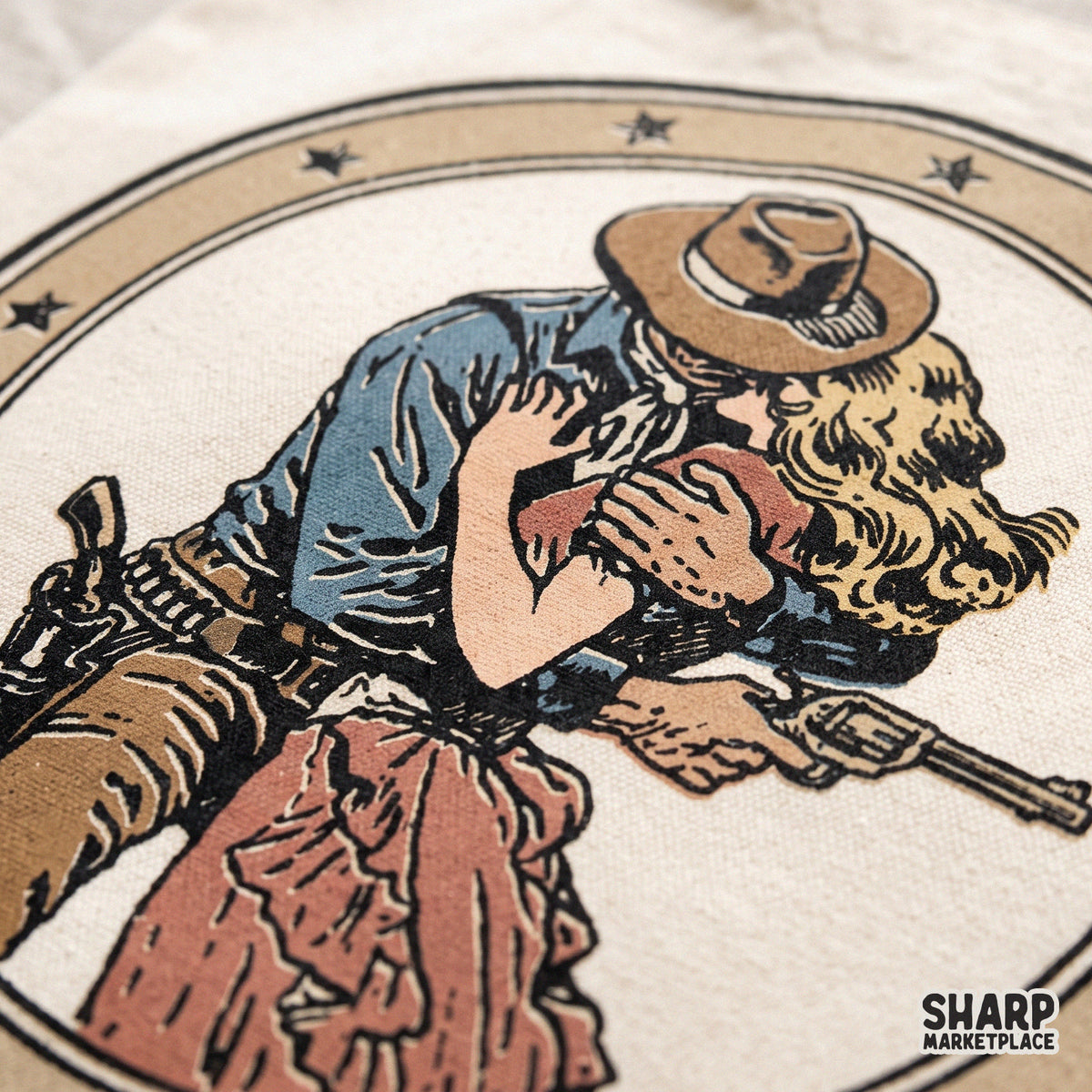 Vintage cowboy and cowgirl kissing retro western PNG design for country music t-shirts and romance aesthetic apparel