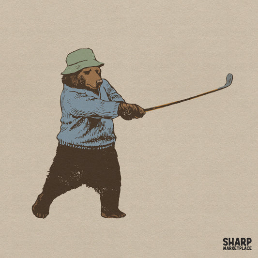 Vintage retro golfing bear swinging a golf club in a sweater and bucket hat PNG graphic for funny dad shirts