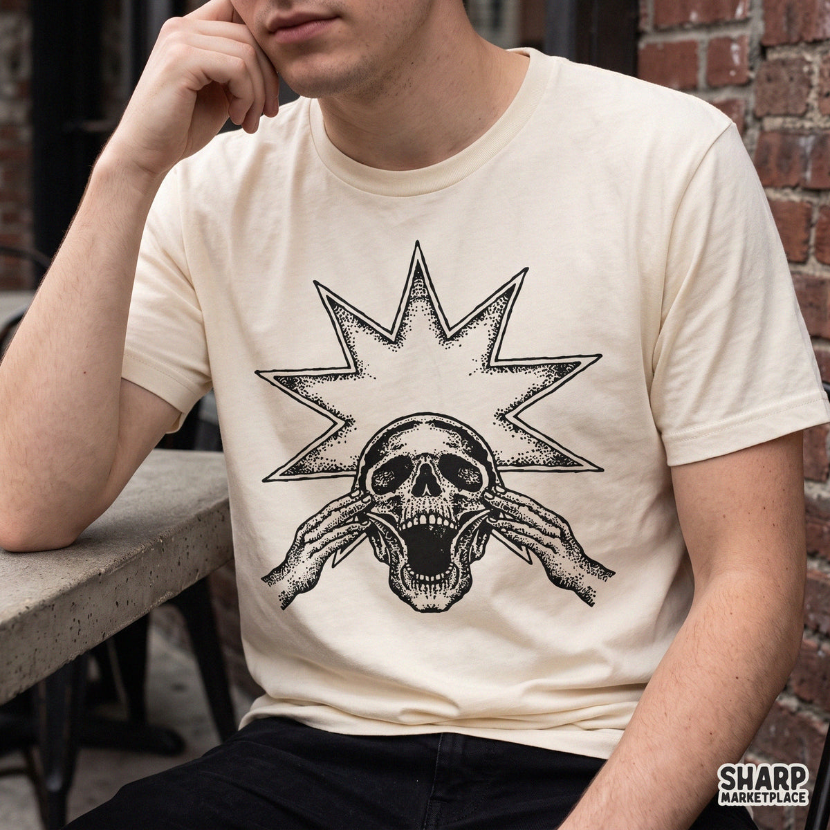 Screaming skeleton with starburst background retro skull PNG design for Halloween spooky season shirts and apparel