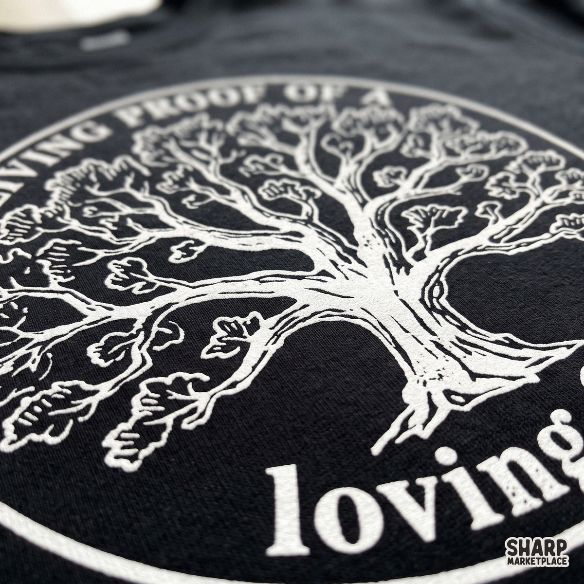 Christian tree of life graphic with Living Proof of a Loving God text for faith t-shirts and apparel