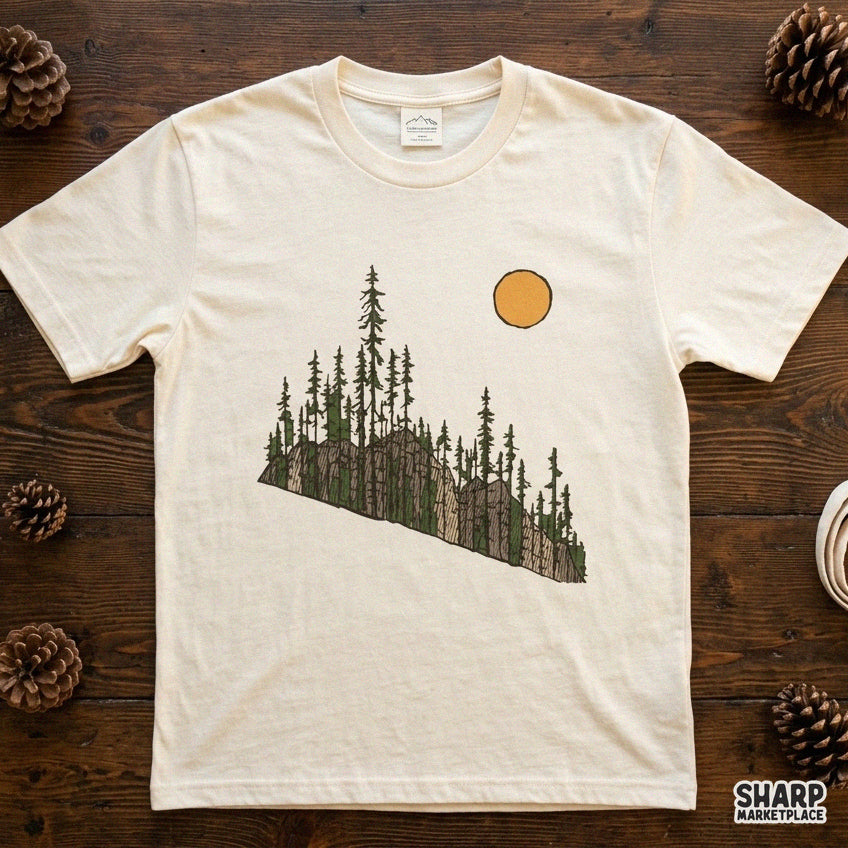 Retro wilderness pine forest on a rocky cliff edge PNG graphic perfect for lake life and camping t-shirt sublimation