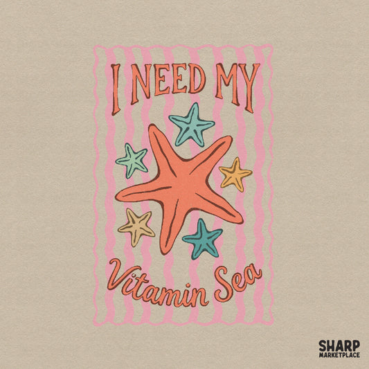 Retro summer design with a coral starfish, mint and yellow sea stars, and wavy pink stripes, featuring the text I Need My Vitamin Sea for sublimation.