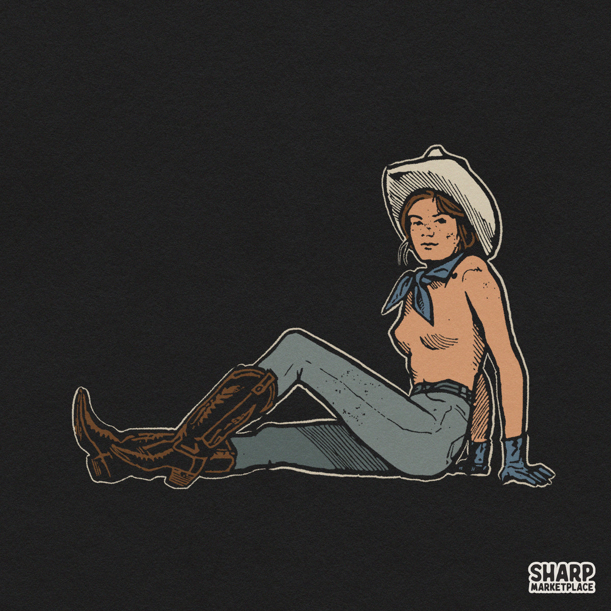 Retro pin up cowgirl sitting in boots vintage western PNG design for country music shirts and sublimation t-shirts