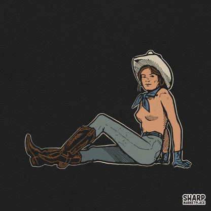 Retro pin up cowgirl sitting in boots vintage western PNG design for country music shirts and sublimation t-shirts