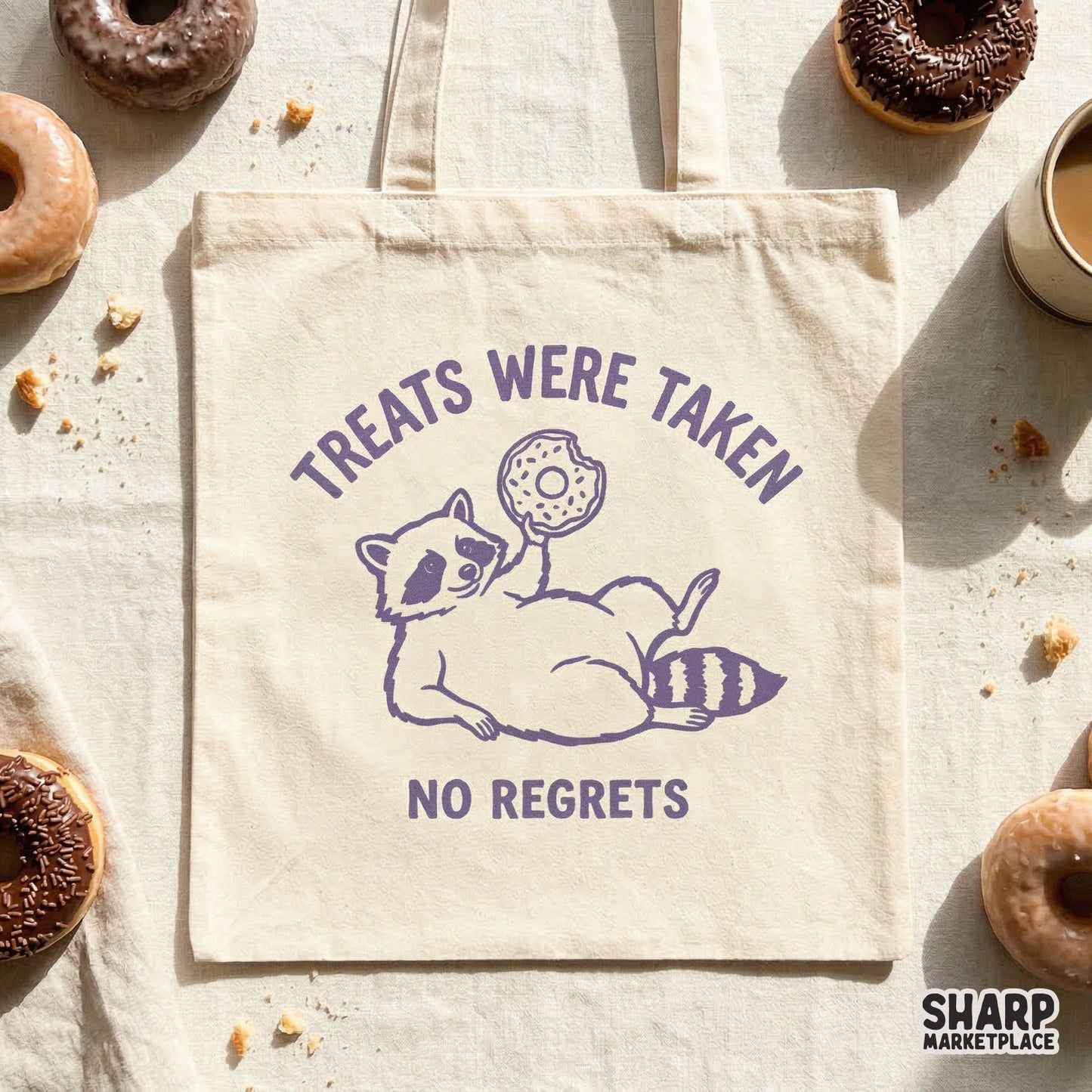 Funny raccoon eating a donut graphic in a purple monochromatic style, perfect for custom t-shirts, sublimation projects, and stickers.