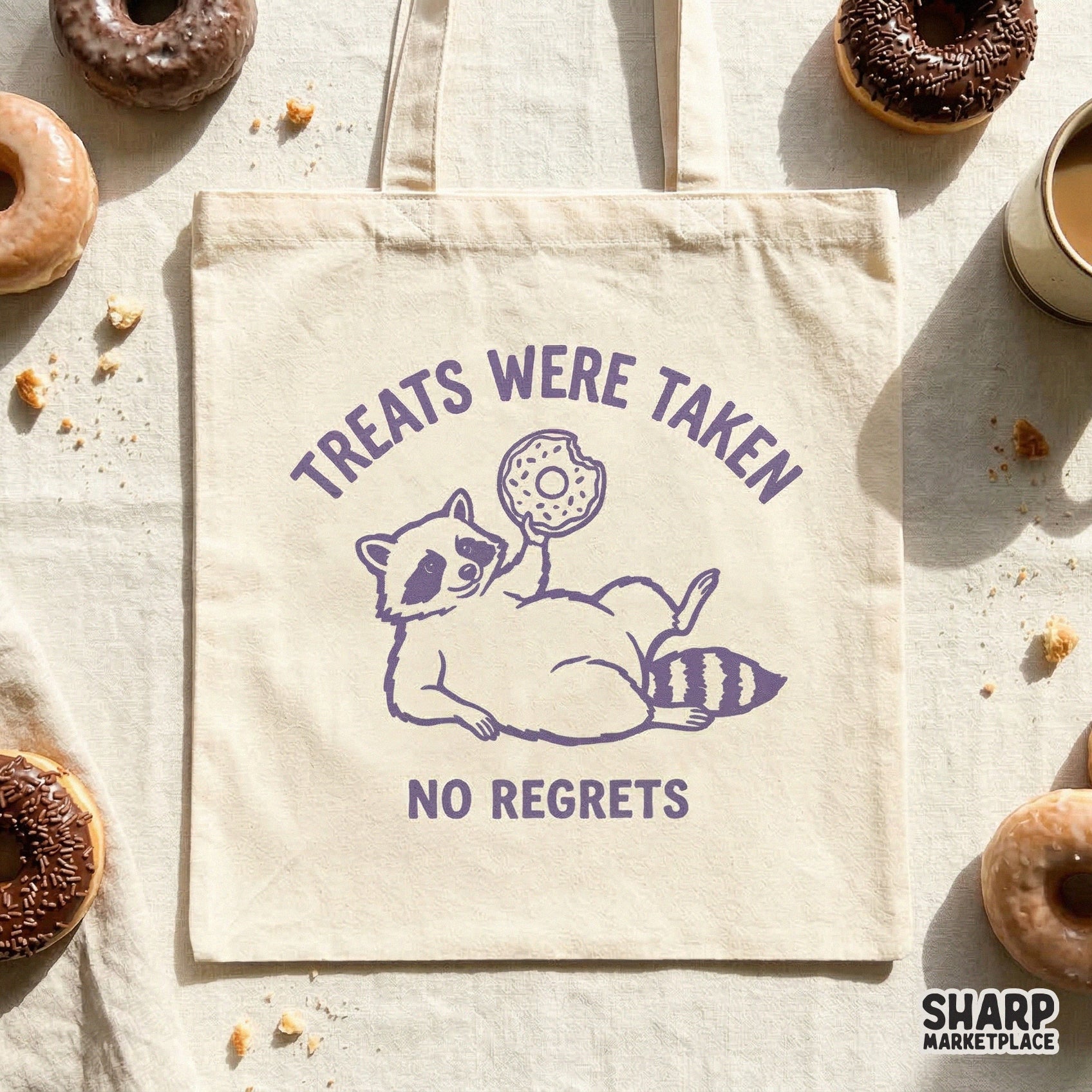 Funny raccoon eating a donut graphic in a purple monochromatic style, perfect for custom t-shirts, sublimation projects, and stickers.
