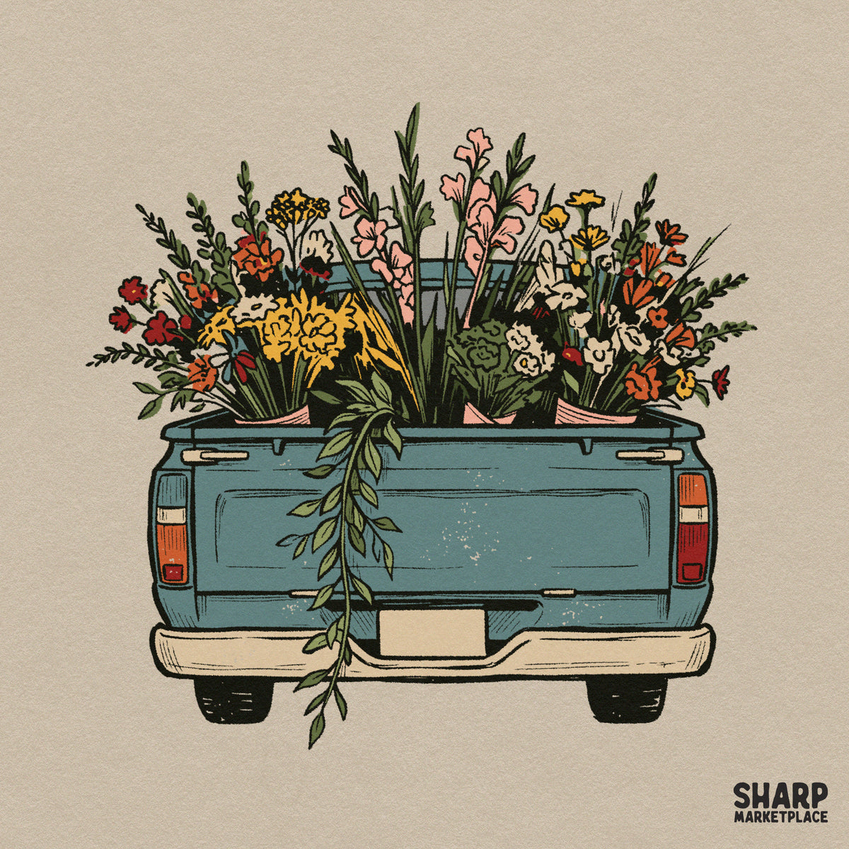 Blue vintage pickup truck tailgate filled with spring wildflowers retro sublimation PNG design for shirt prints