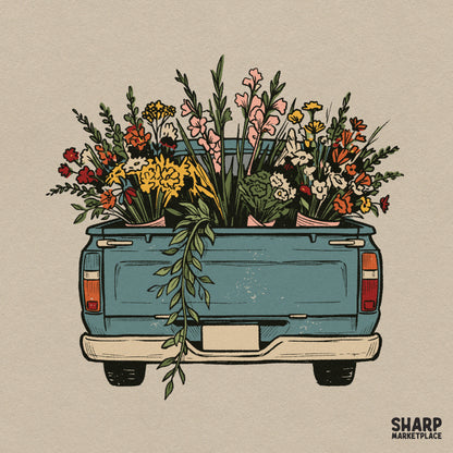 Blue vintage pickup truck tailgate filled with spring wildflowers retro sublimation PNG design for shirt prints