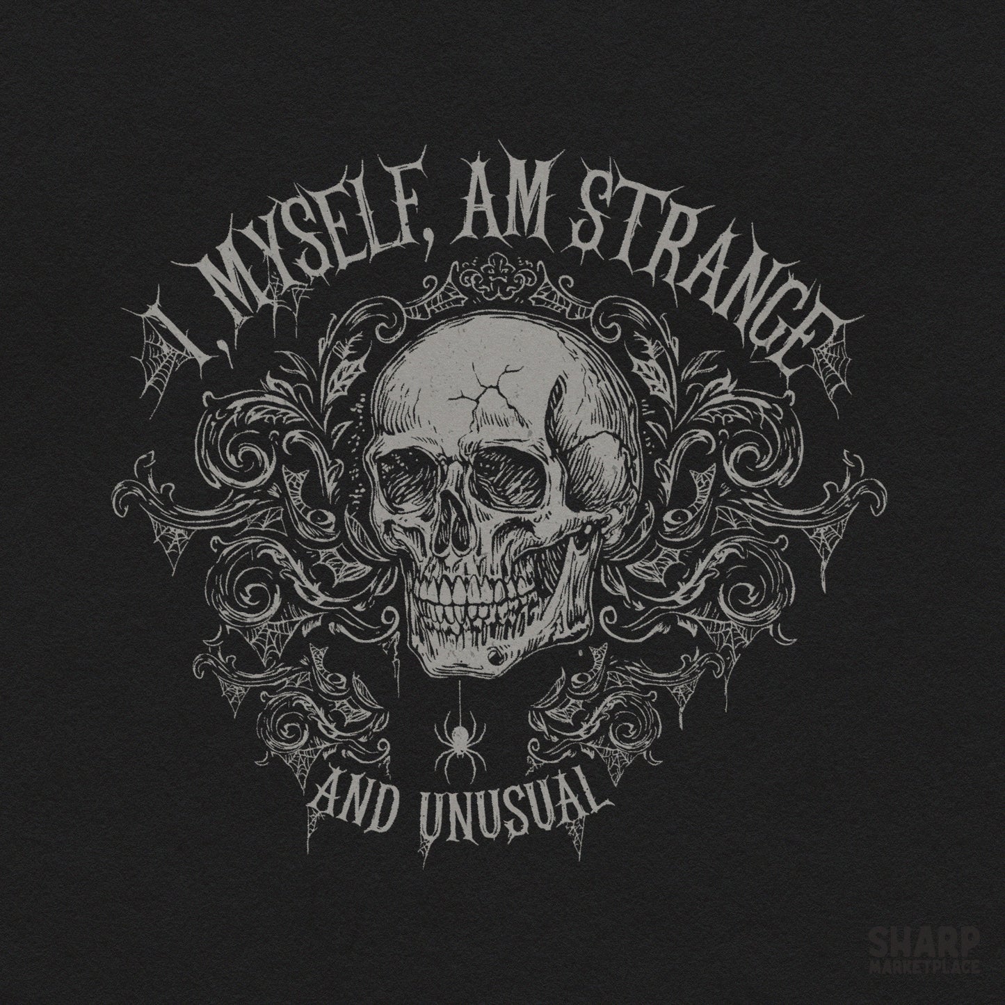 Ornate skull with spider web design and gothic horror movie quote for spooky season t-shirts and digital downloads