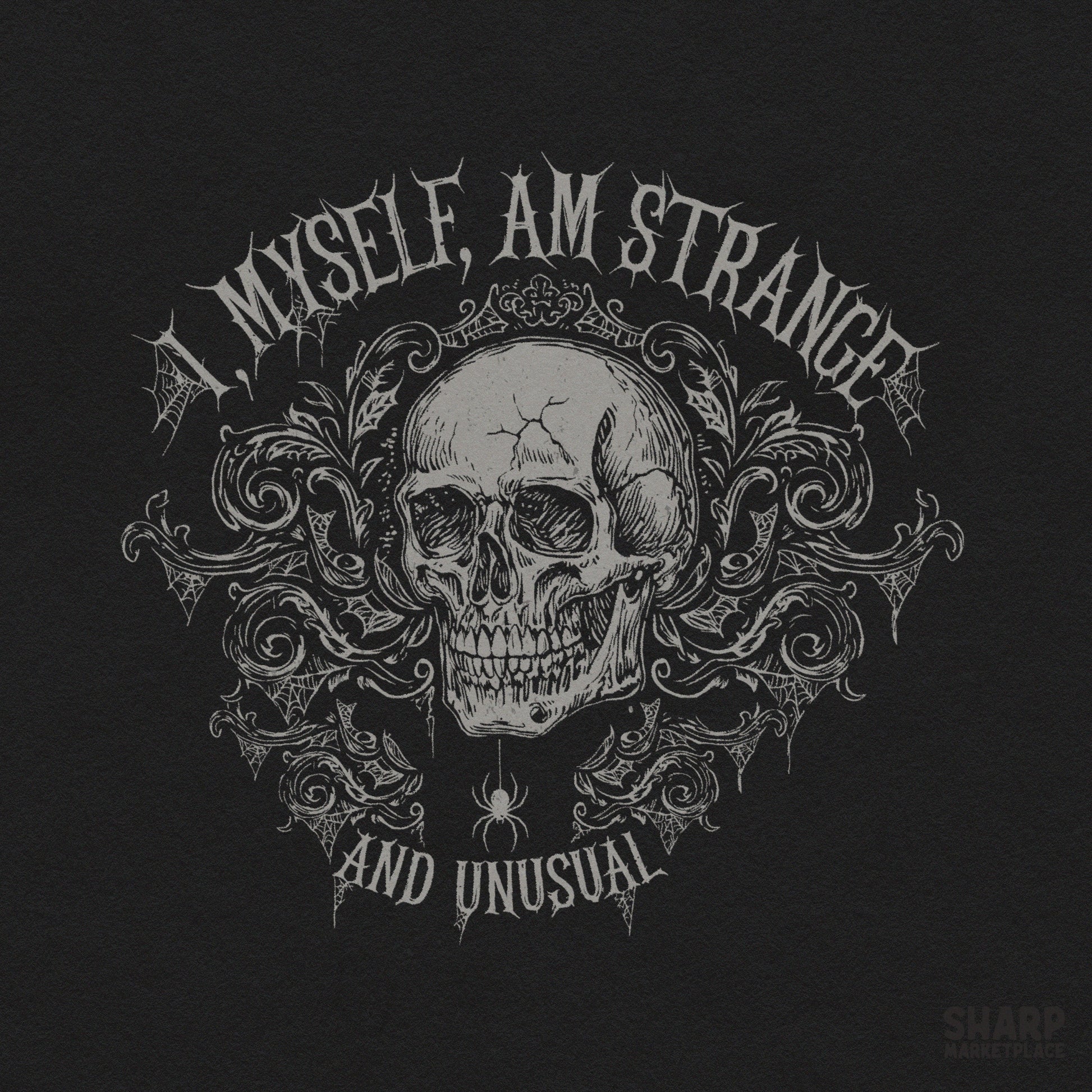 Ornate skull with spider web design and gothic horror movie quote for spooky season t-shirts and digital downloads