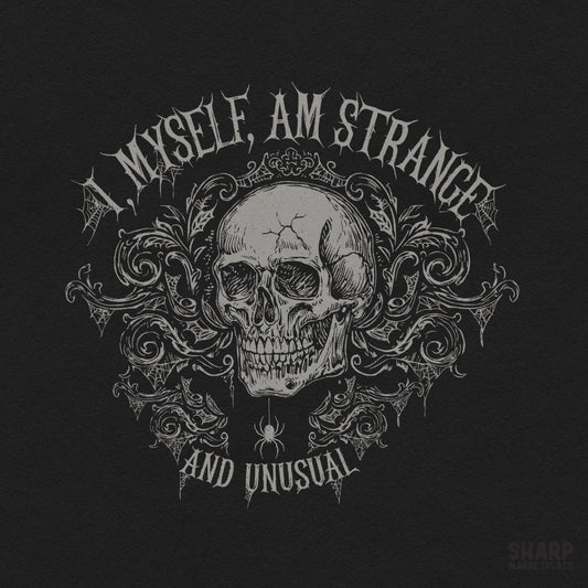Ornate skull with spider web design and gothic horror movie quote for spooky season t-shirts and digital downloads